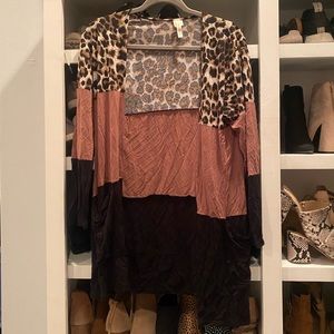 Pink Lily color block brow, black, and leopard print light weight cardigan